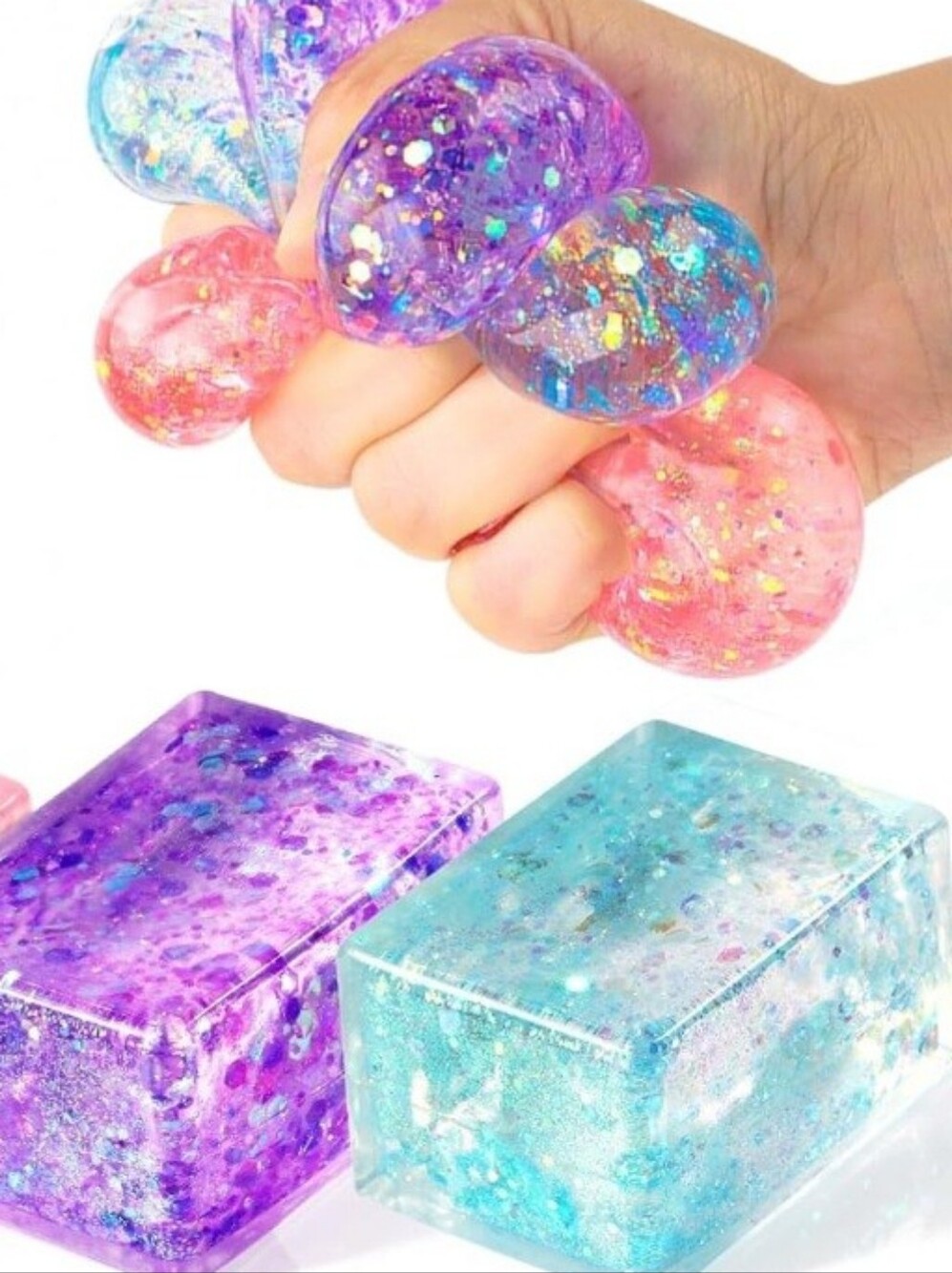 Glitter Squeeze Squishy Stress Blocks - Pink, Purple, Blue